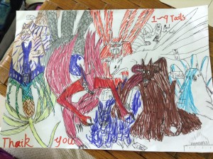 This is the picture that quiet Hephaestus drew for me of the Tailed Beasts of Naruto. Please note the bottom right corner of people cowering in flames and fear at the sight of the tailed beasts. 